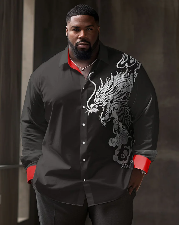 Men's Large Size Casual Striped Dragon-Pattern Lapel Long Sleeve Shirt