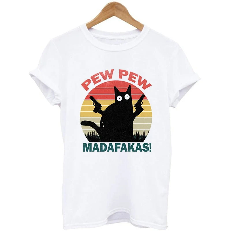 Murderous Black Cat With Gun Funny White T Shirt Pew Pew Madafakas Print T-shirt Women Short Sleeve Halloween Top Female Tshirt