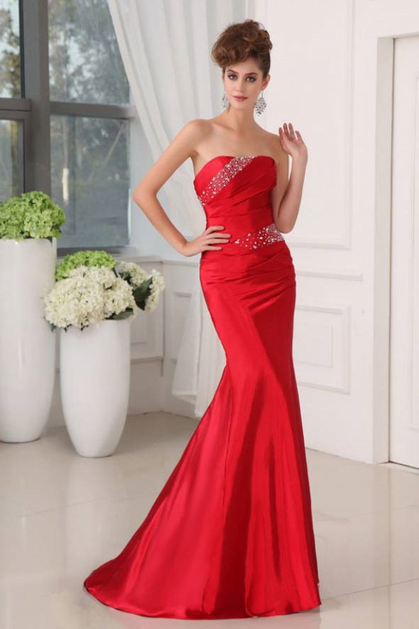 Ovlias Dazzling Red Strapless Rhinestone Backless Mermaid Prom Dress LY0499