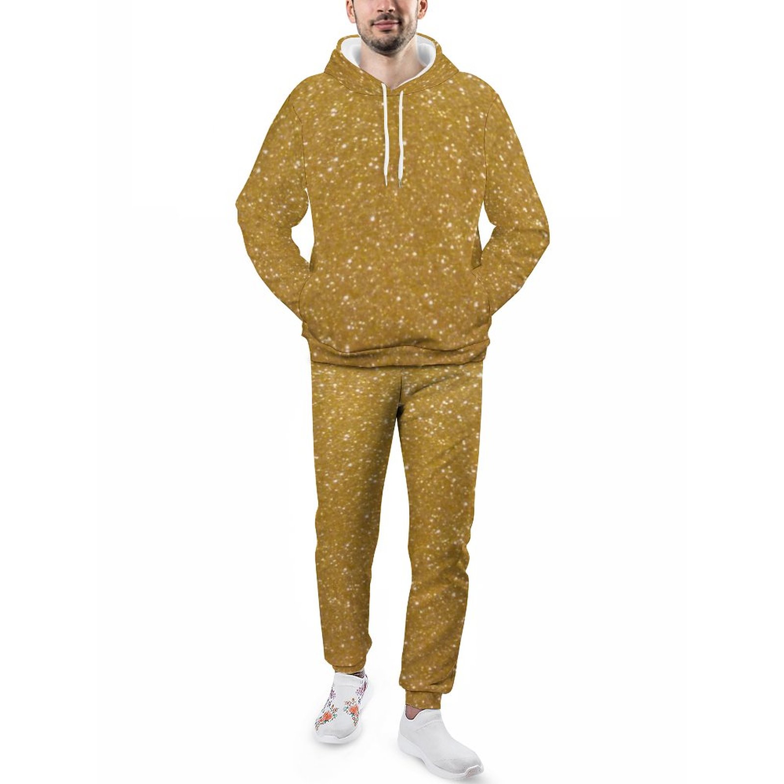 Faux Gold Glitter Printed Sparkly Tights Men's Tracksuit 2 Piece Hoodie Sweatsuit Sets Guys Casual Jogging Athletic Suits