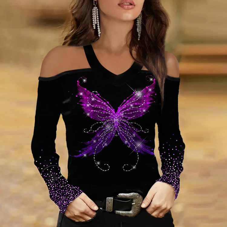 Off Shoulder Butterfly Printed Long Sleeve Shirt