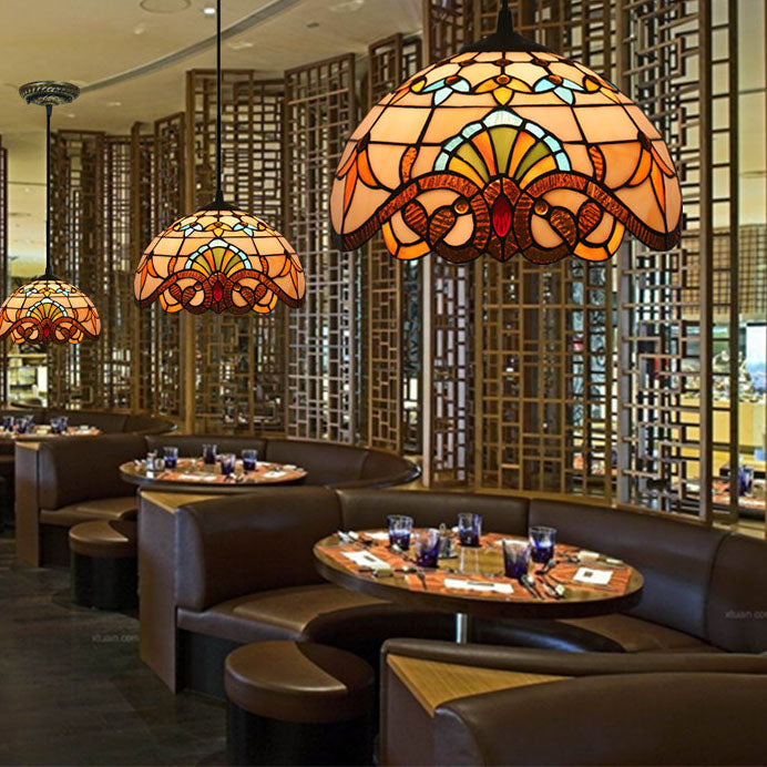 Traditional Tiffany Baroque Stained Glass Dome 1-Light Pendant Light For Living Room