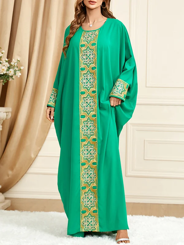 Contrast Color Embroidered Muslim Batwing Sleeves Loose Round-Neck Muslim Abaya Maxi Dresses