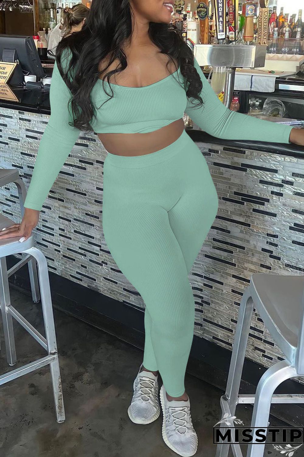 Light Green Casual Sportswear Solid Patchwork U Neck Long Sleeve Two Pieces