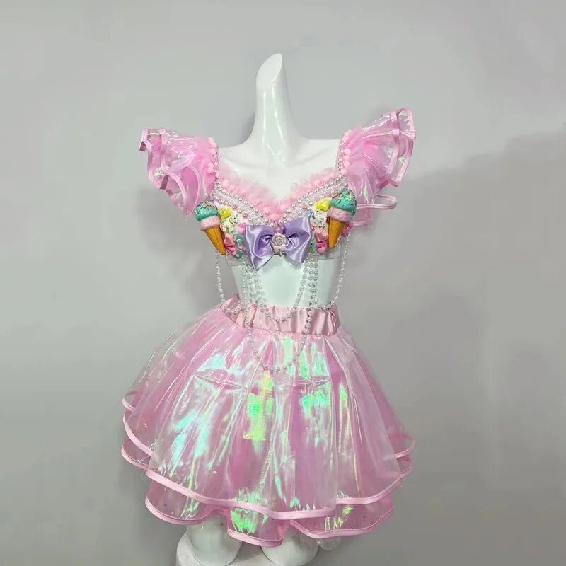 VCSHOES Club Party Show Festival Rave Outfits Women Dancer Cute Stage Wear Nightclub Bar Pink Beading Bra Skirt Performance Costume