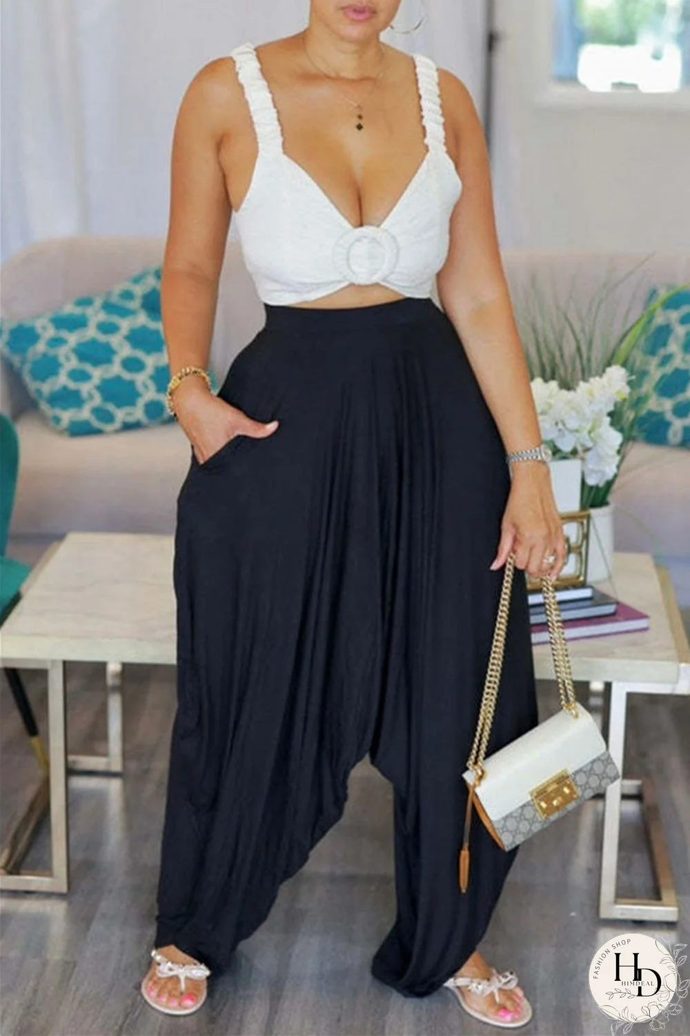 Grey Fashion Casual Solid Patchwork Harlan High Waist Trousers