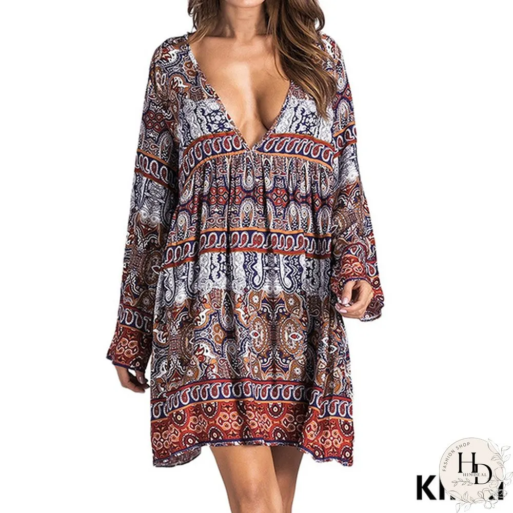 Women Boho Mini Dress Floral Printed Long Sleeve Deep V-Neck Loose Party Beach Short Dress