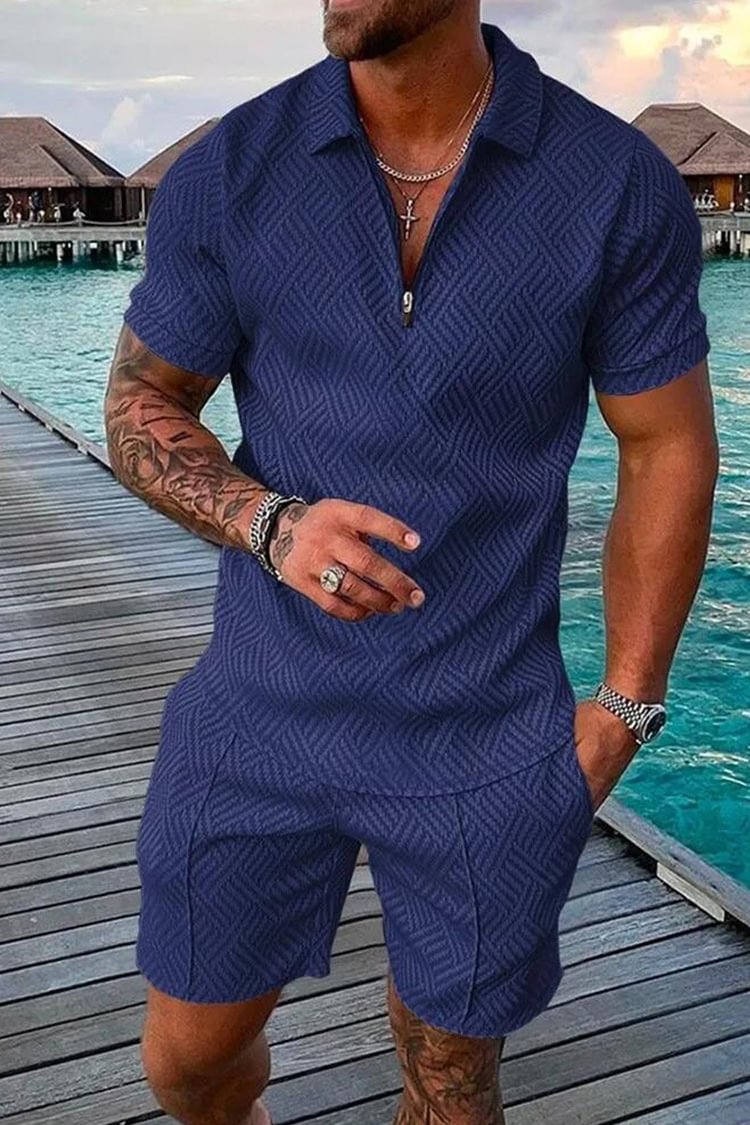Tiboyz Casual Outfits Dark Blue Polo Shirt And Shorts Two Piece Set