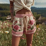 Women's Patchwork Rose Floral Contrast Drawstring Shorts - Image 2