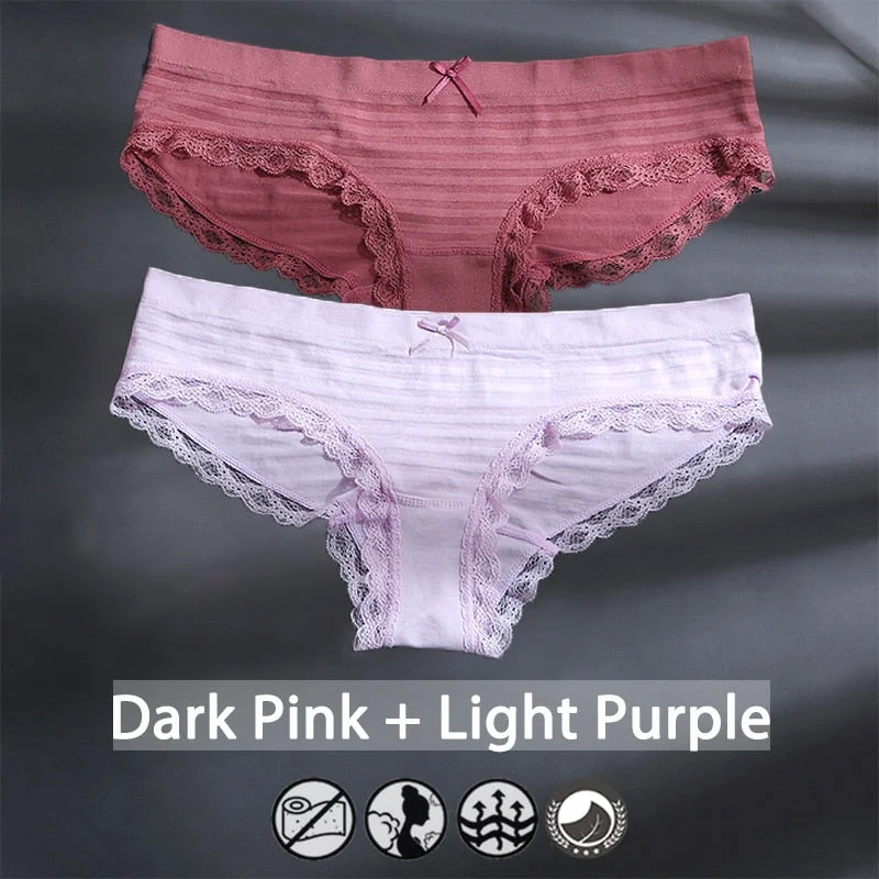 M-XXXL Plus Size Women Panties Underwear Female Lingerie Sexy Briefs Big Pantys Low Waist Lace Panties Striped Intimate 2PCS/Set