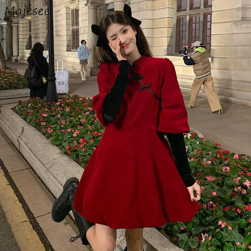 Long Sleeve Dress Plus Size 5XL Solid Mandarin Collar Cheongsam Mini Korean Sweet Style High Street Vintage Design Chic Stylish