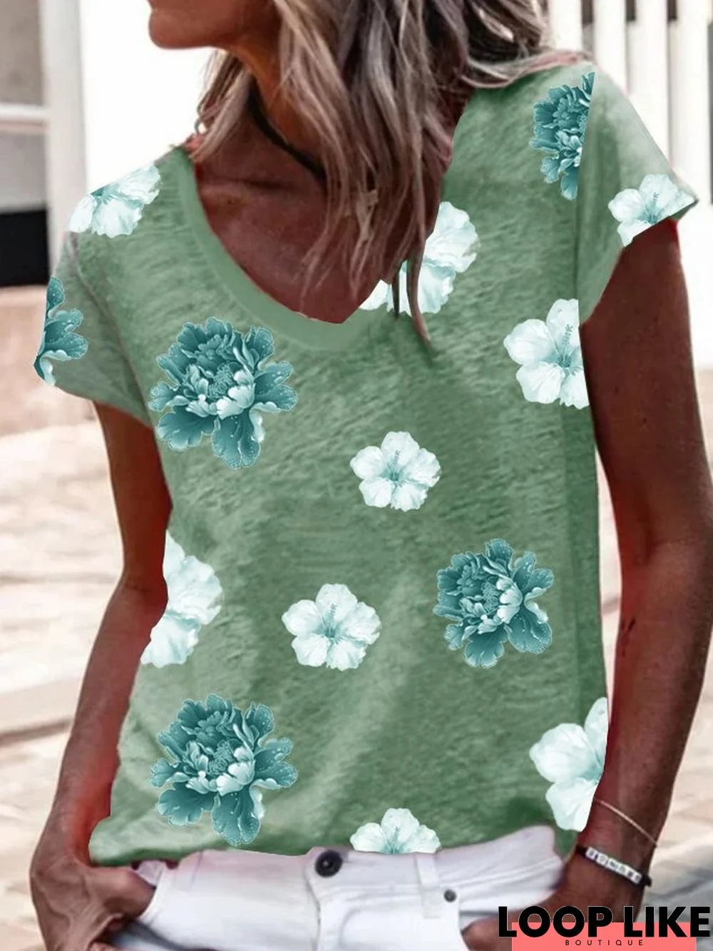 Floral Short Sleeve  Printed  Cotton-blend  V neck  Casual Summer  Green Top