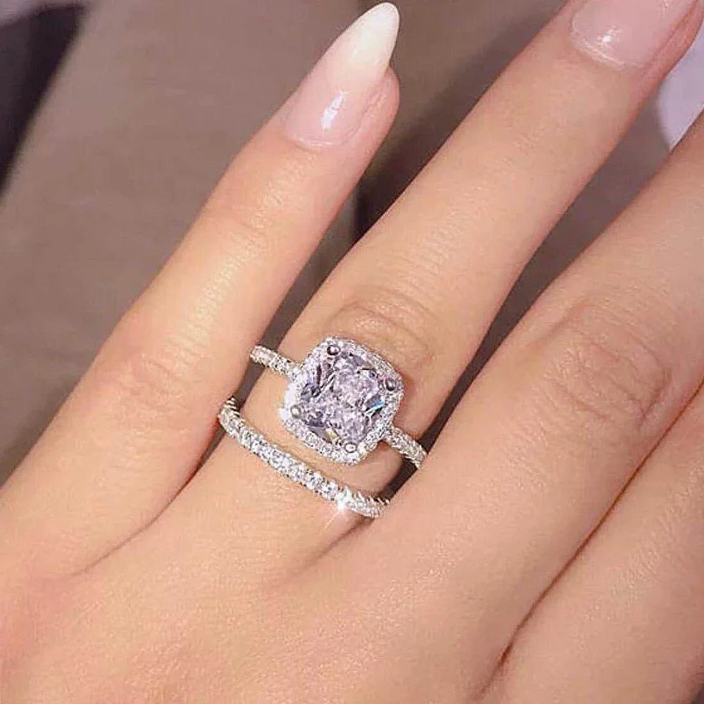 Huitan Luxury Wedding Set Rings for Women 2Pcs Silver Color Band with AAA Cubic Zirconia Engagement Party Fashion Female Jewelry