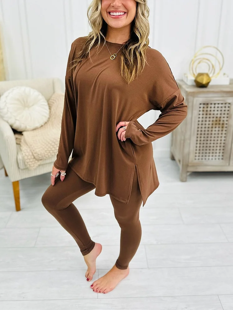 HOT SALE Buttery Soft Microfiber Long Sleeve Side Slit Loungewear Set