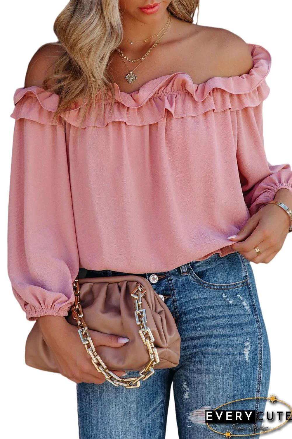 Pink Puff Sleeve Ruffled Off Shoulder Blouse