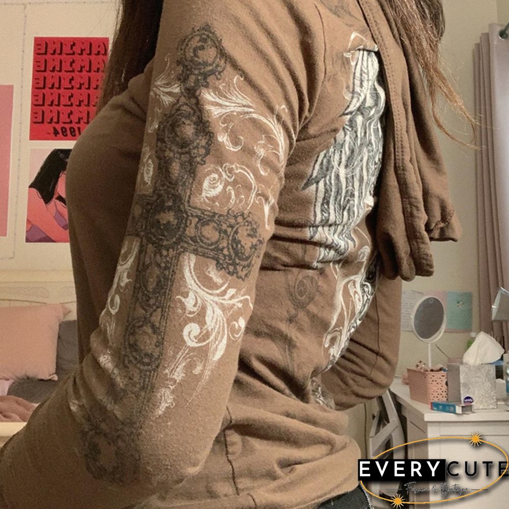 Fairy Grunge Hoodie Brown Graphic Cross Print Long Sleeve Hooded Tops Y2k Aesthetic Women Sweatshirt Streetwear