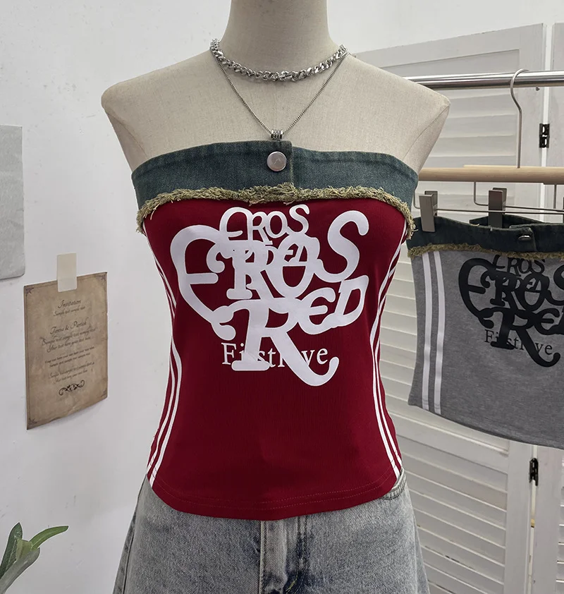 Nigikala Nigikala Shooting Cowboy Splicing Braid Vest Babes Letter Graffiti Printing Short Sleeveless Outside Wear 8927