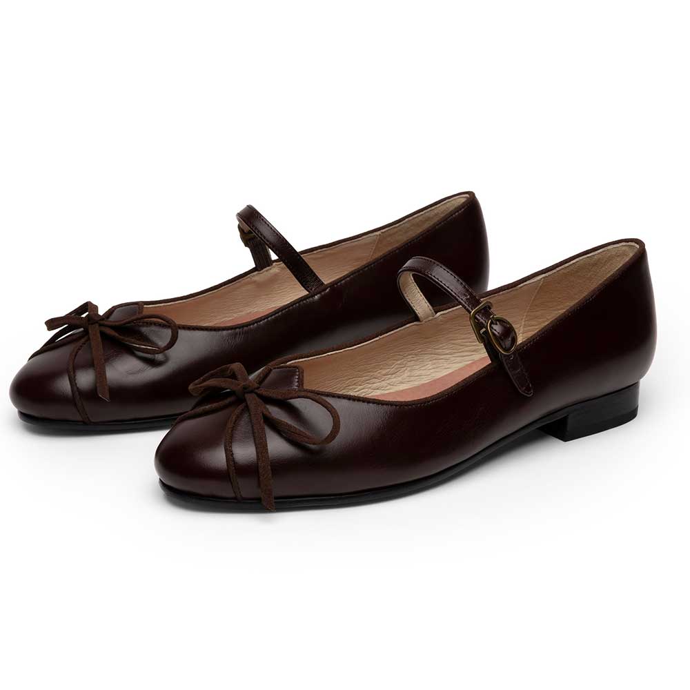 Dark Brown Vegan Leather Bow Inlay Buckle Strap Mary Jane Flats Nicepairs