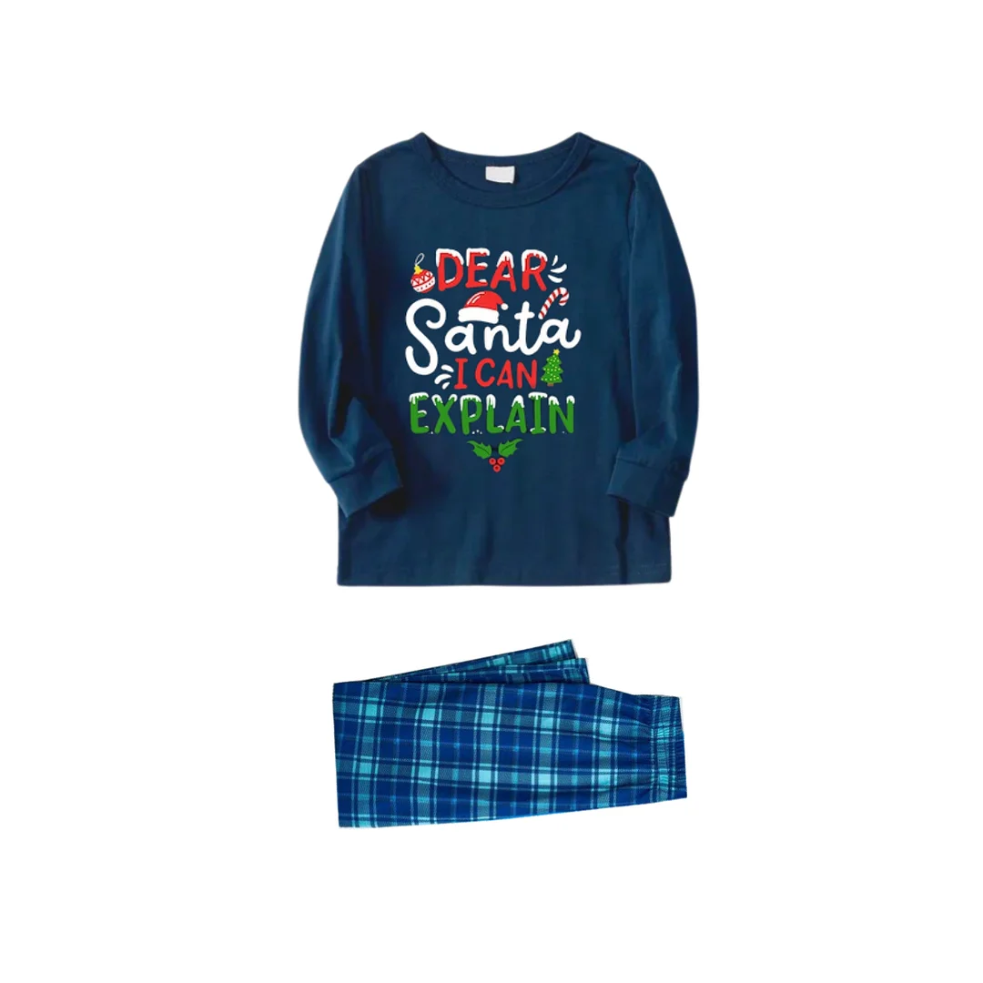 "Dear Santa I can Explain" Slogan Printed Blue Plaid Family Matching Pajamas