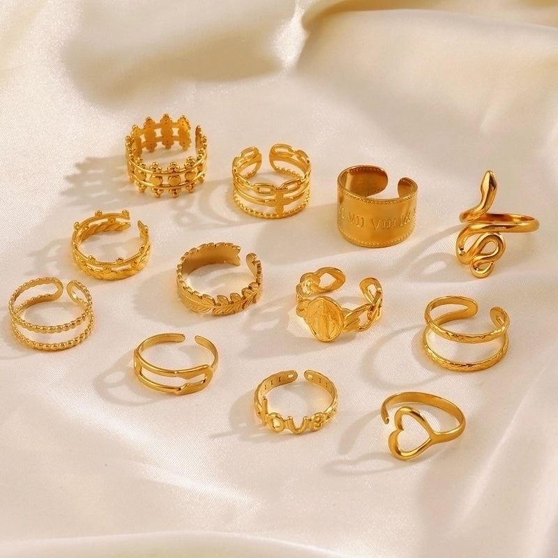 304 Stainless Steel 18K Gold Plated Minimalist Hollow Out Leaves Heart Shape Lines 304 Stainless Steel Open Rings