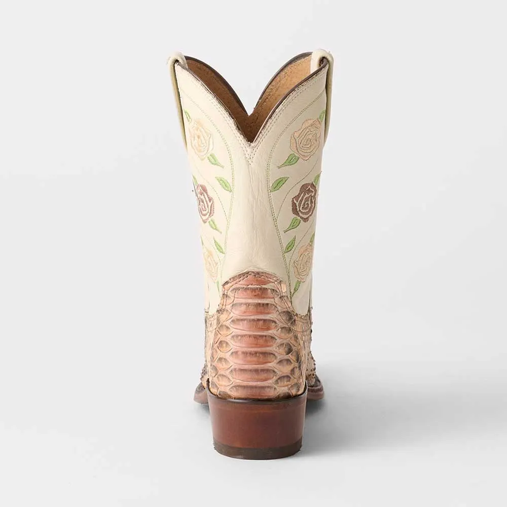 Ivory & Brown Snip Toe Embroidered Snake Embossed Cowgirl Boots