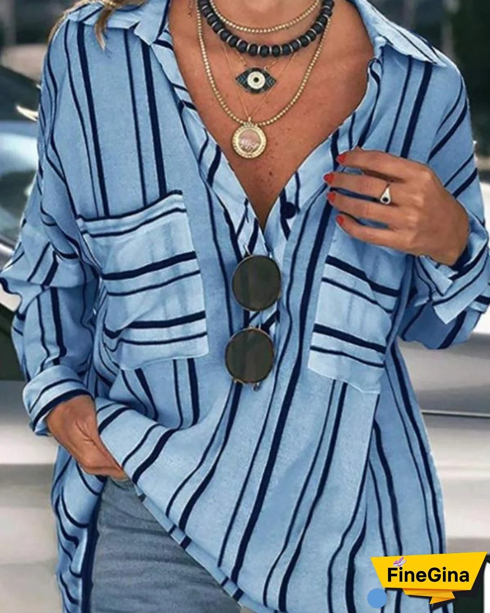 Striped Buttoned Down Plus Size Blouses Shirts