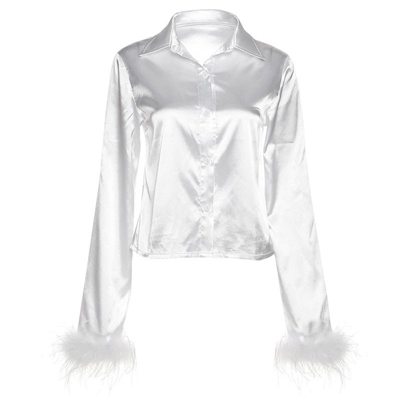 Fantoye Sexy Feather Sleeve Cardigan Women Blouses White Long Sleeve Single Breasted Blouses Women Spring Skinny Fashion Clothes
