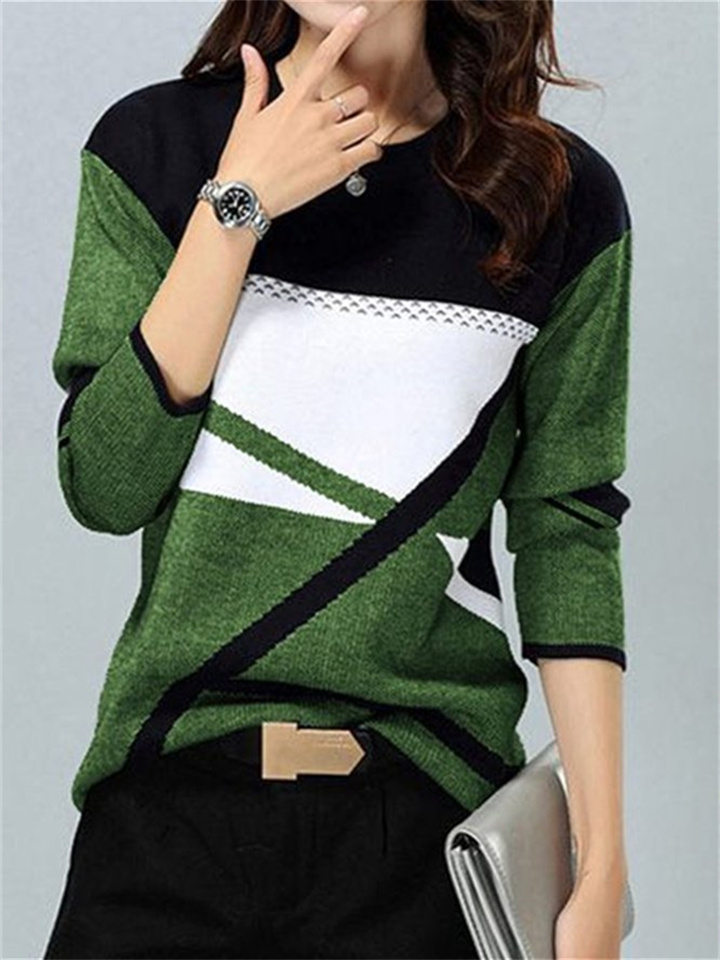 Women's T shirt Tee Color Block Casual Weekend Painting T shirt Tee Long Sleeve Print Round Neck Basic Green Black Blue S / 3D Print