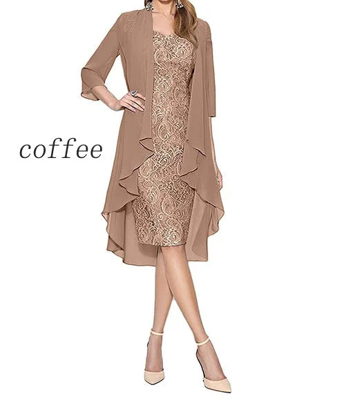 Brownm Color Large Size Lace Two-piece Set Elegant Party Dress Cardigan