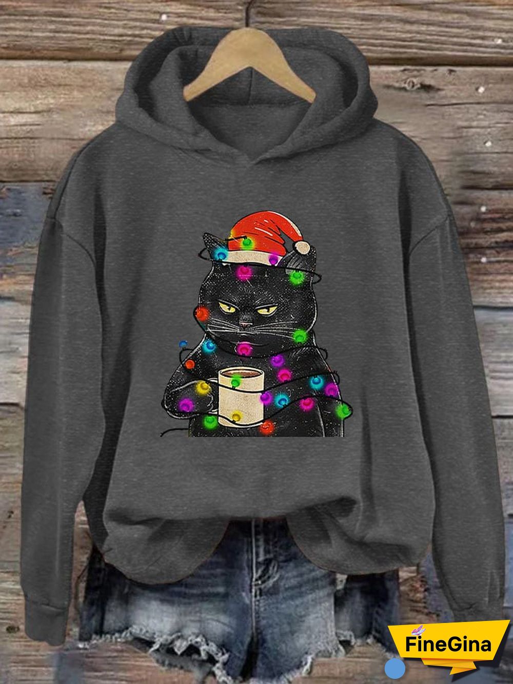 Women's Christmas Lights Black Cat Fun Print Casual Hoodie