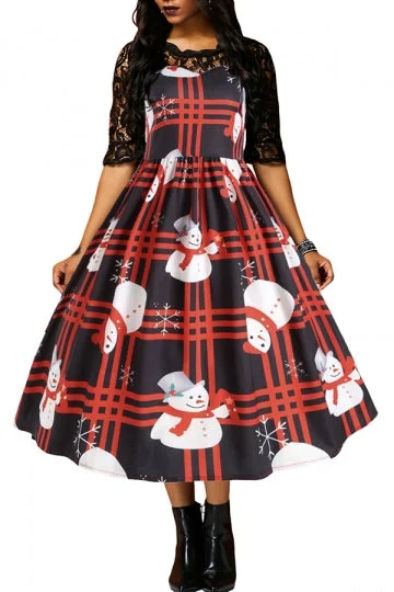 Half Sleeve Lace Patchwork Snowman Plaid Christmas Skater Dress Black-elleschic
