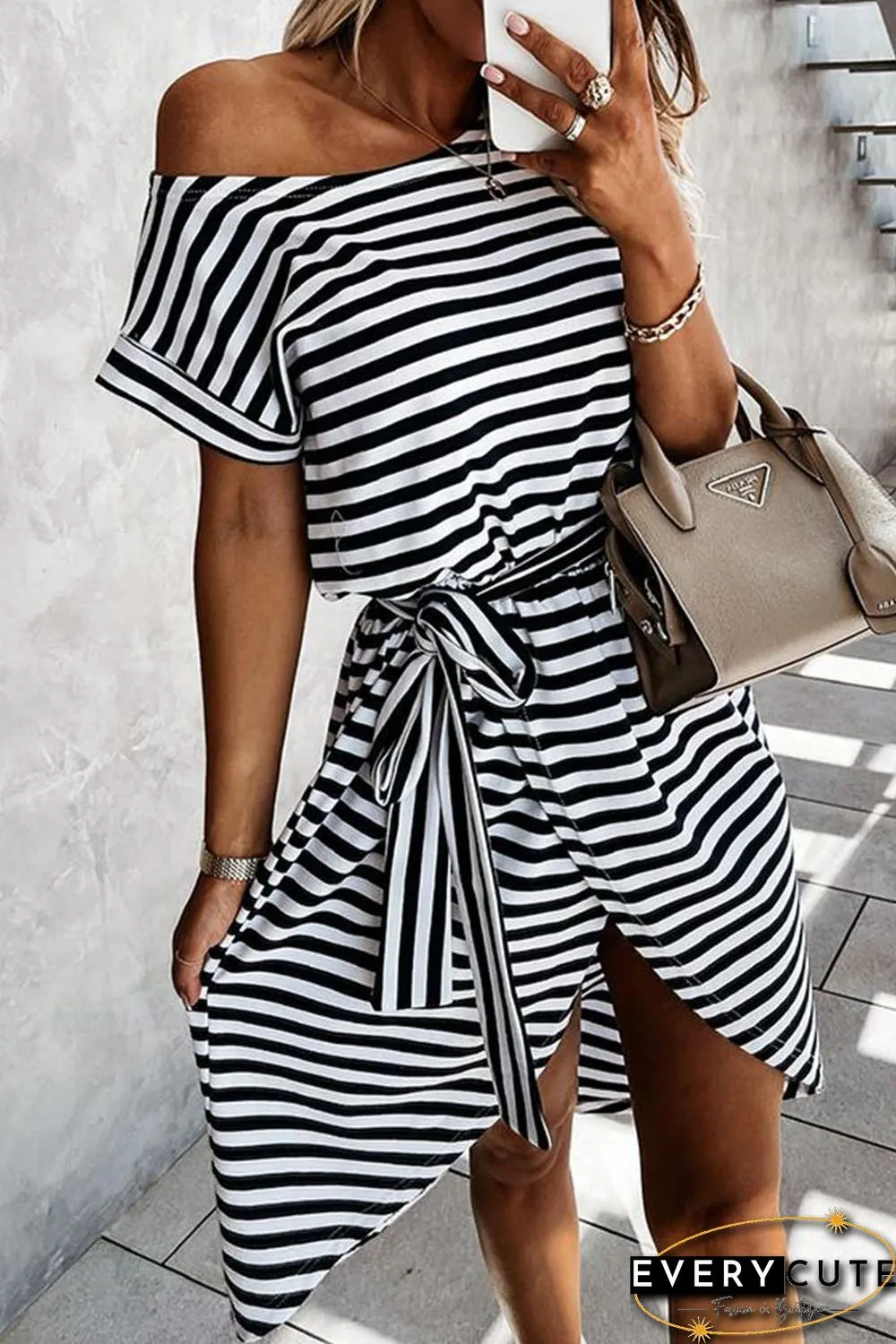 Black Stripe Short Sleeve Belted Wrapped Hemline T-Shirt Dress