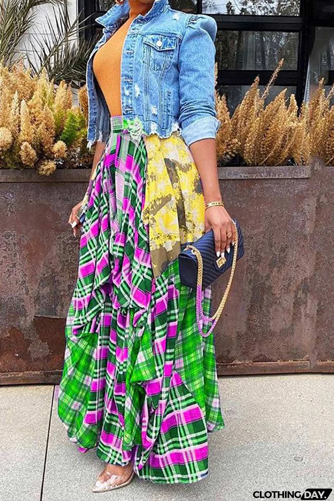 Splicing Plaid Print Skirt