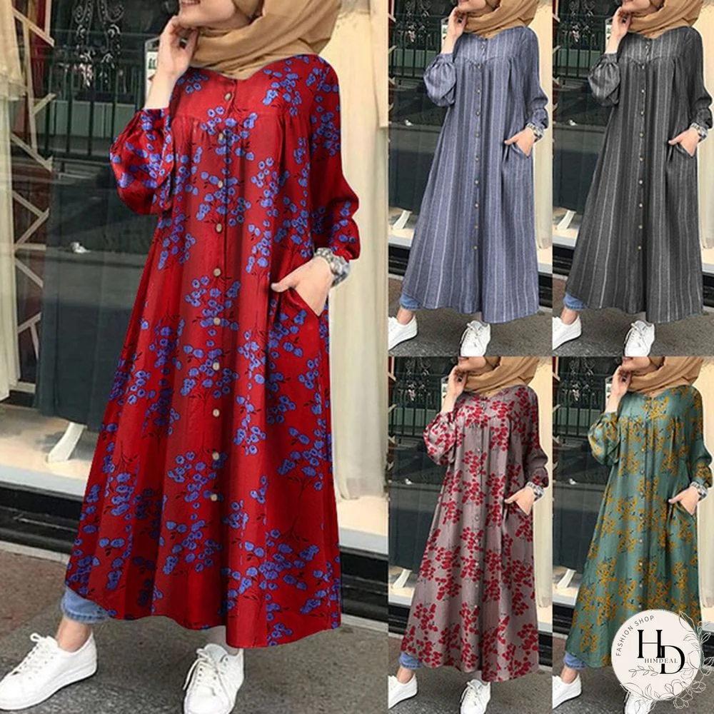 Women Islamic Jilbab Muslim Abaya Dubai Maxi Dress Autumn Casual Kaftan Floral Printed Long Shirt Dress