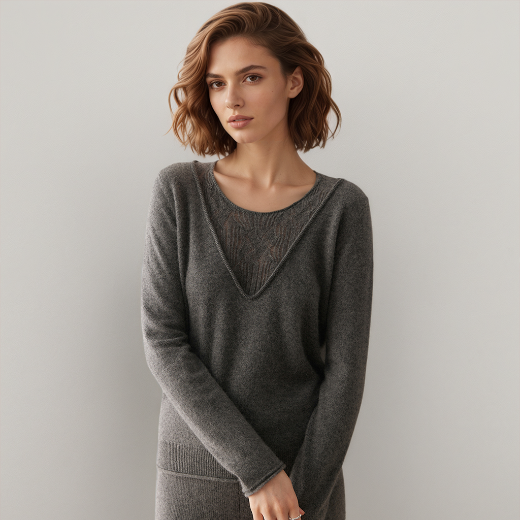 Women's V-Neck Cashmere Sweater with Lace Detailing REAL SILK LIFE