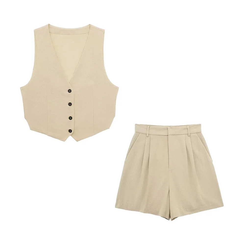 Woherb ZRN-Women's Side Vents Cropped Waistcoat and High Waist Bermuda Shorts, Female Two Piece Sets, Chic Fashion