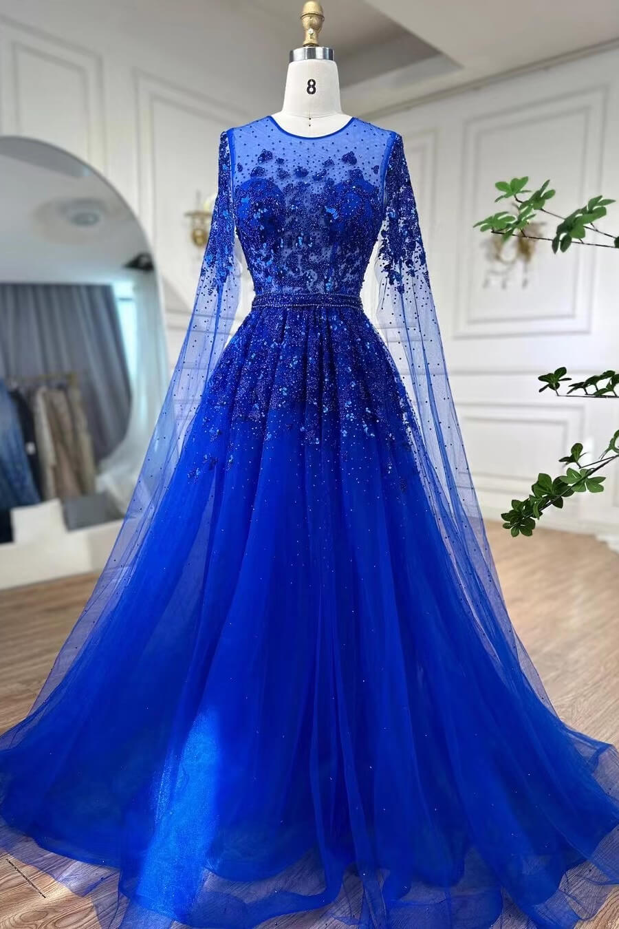 Bellasprom Royal Blue Ruffle Sleeves Scoop A-Line Prom Dress With Beadings Online Bellasprom