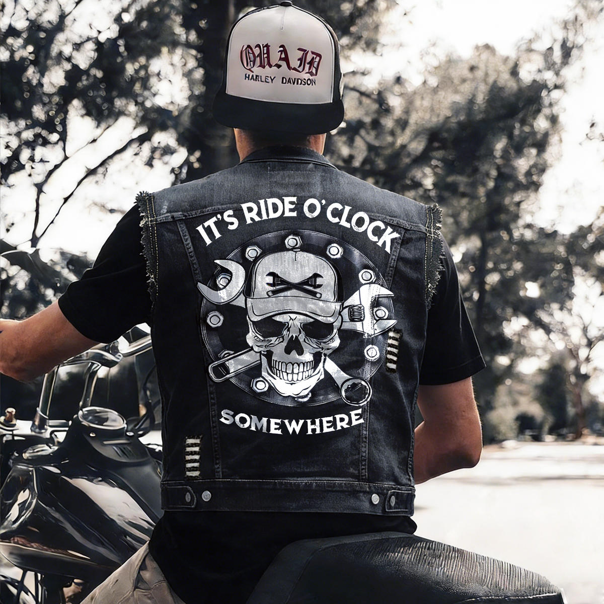 Denim Motorcycle Vest With Skull And Tools Print