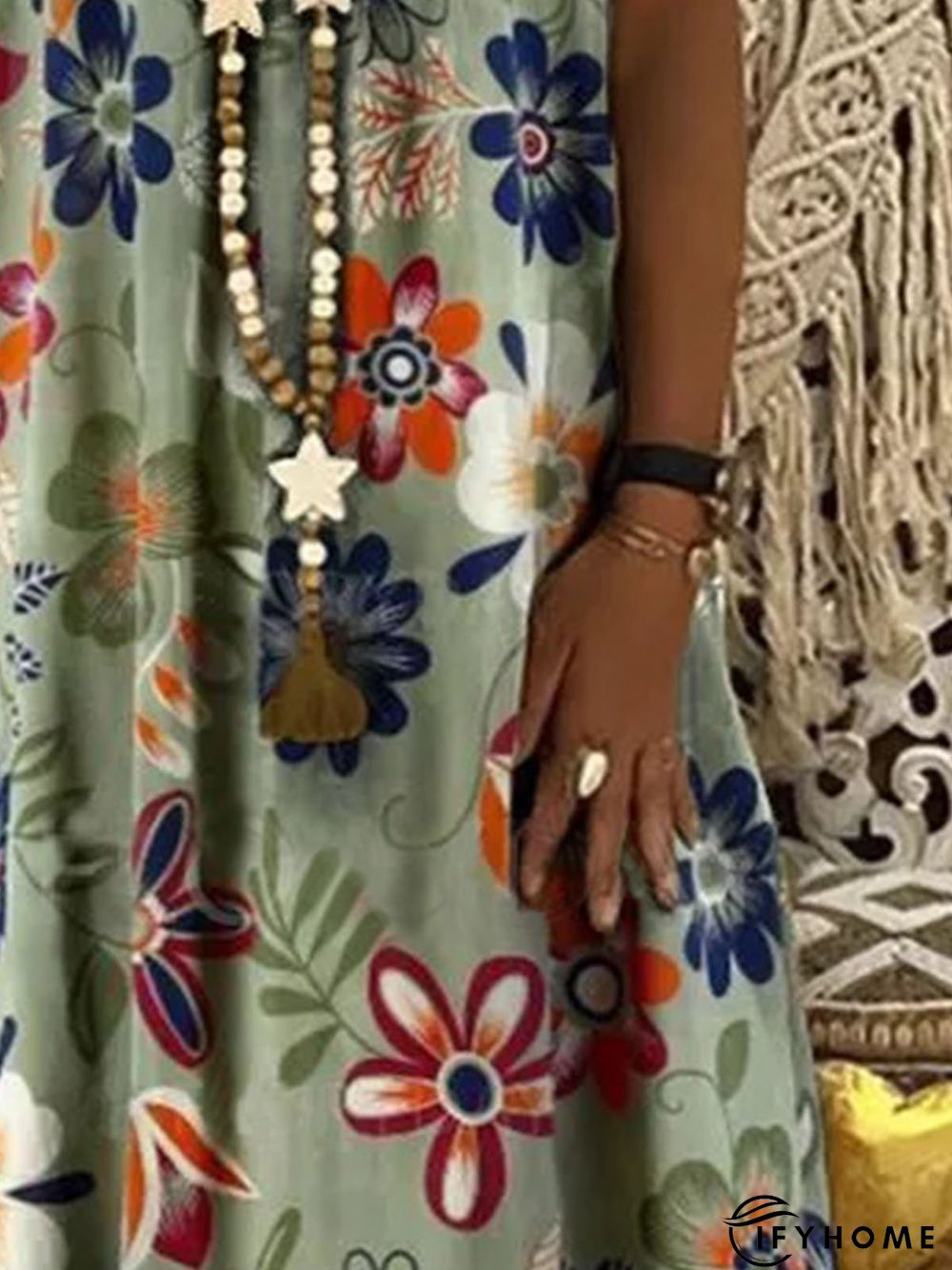 Green Sleeveless Crew Neck Floral Weaving Dress | IFYHOME