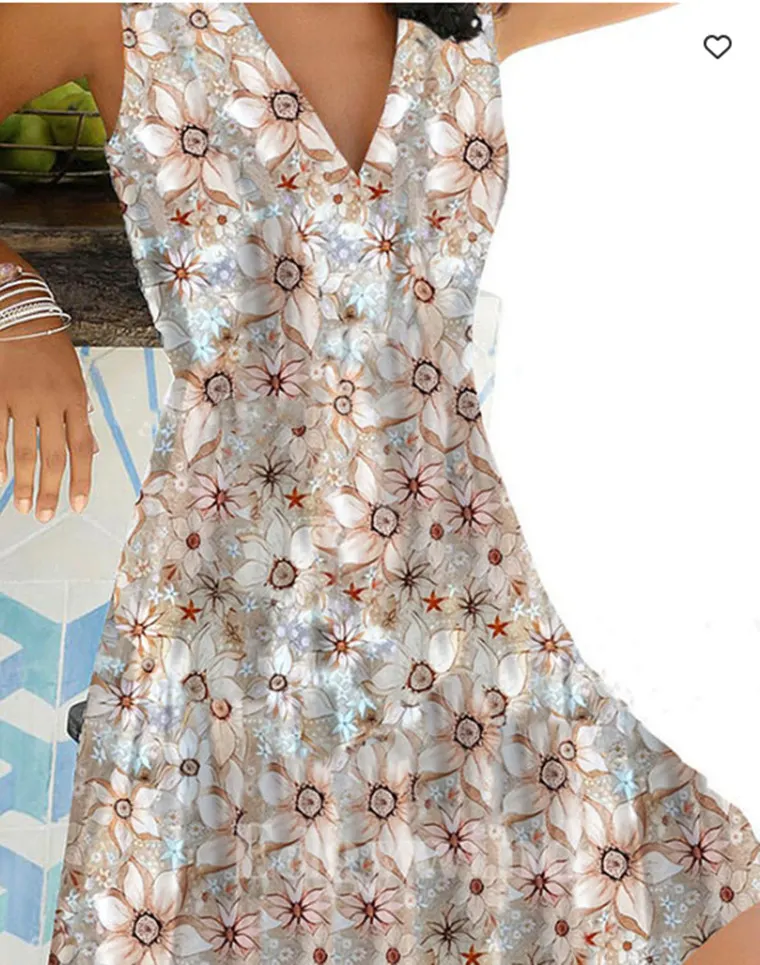 Deep V-neck Printed Pullover Sleeveless Dress-vocosishoes