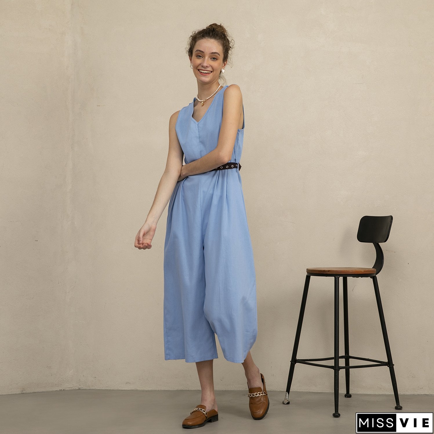 Women's Sleeveless V-Neck Cotton Linen Jumpsuit