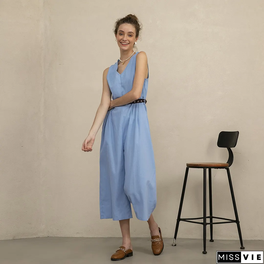 Women's Sleeveless V-Neck Cotton Linen Jumpsuit