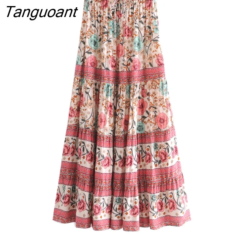 Tanguoant Bohemia Contrast color Floral Print Long Skirt Stitching Ruched Ruffle Hem Holiday Women Elastic Waist Swing Skirts Beach