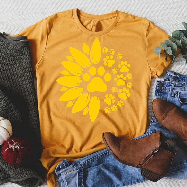 Sunflower Paw Round Neck T-shirt-018314