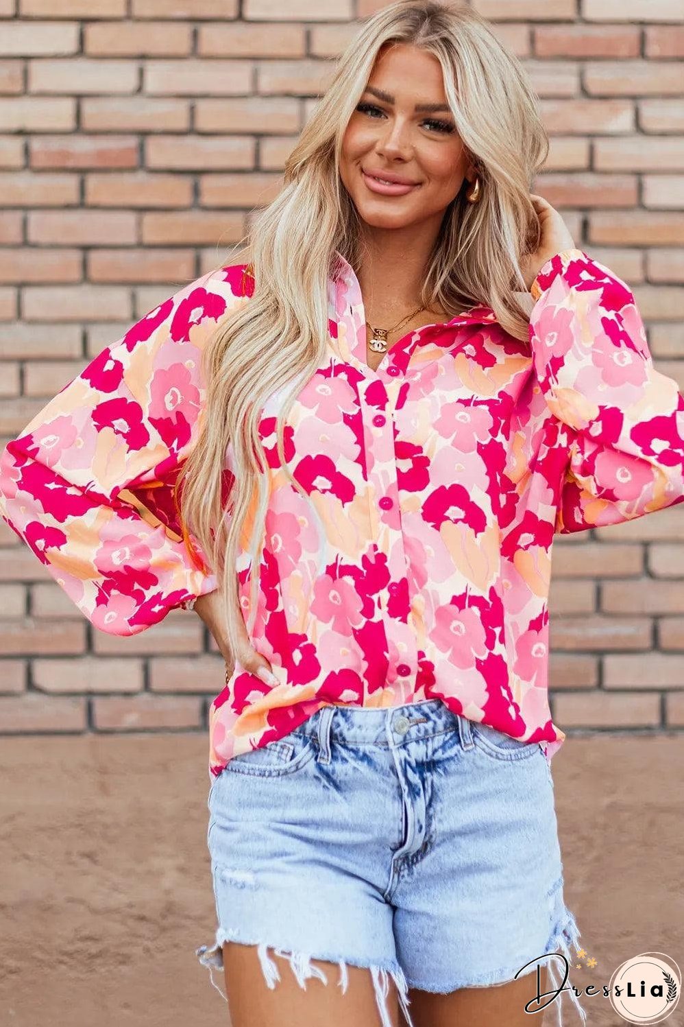 Pink Blooming Floral Print Puff Sleeve Buttoned Shirt