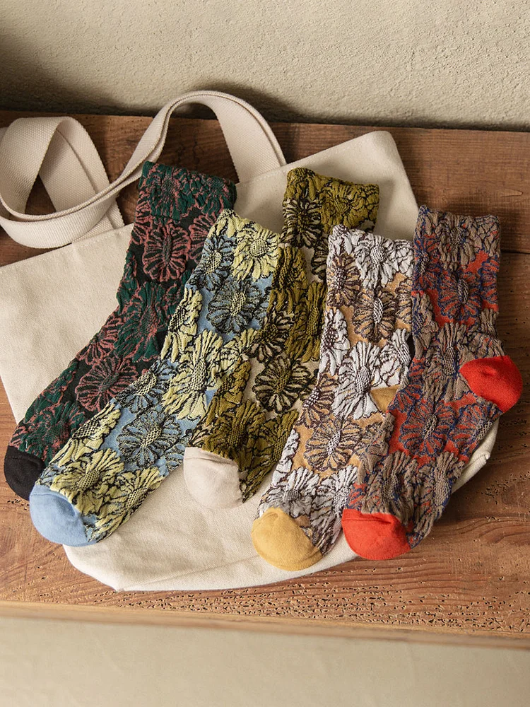 5 Pairs Cotton Vintage Floral Women Socks