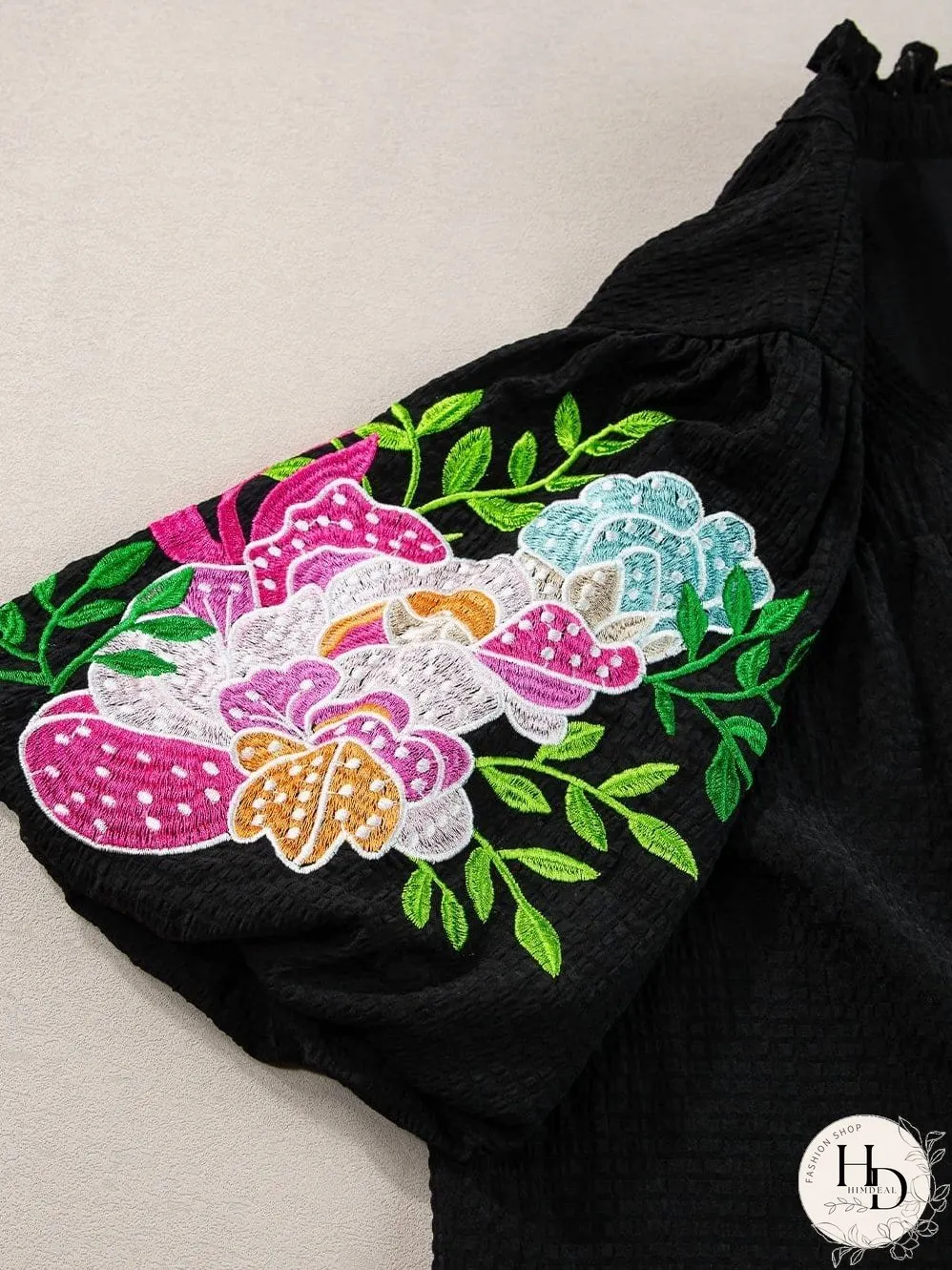 Elegant Black Floral Embroidered V-Neck Puff Sleeve Blouse