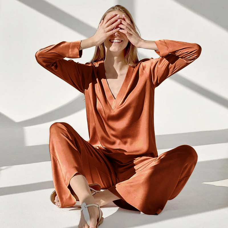 22 Momme Orange V Neck Long Sleeves Silk Pajamas
