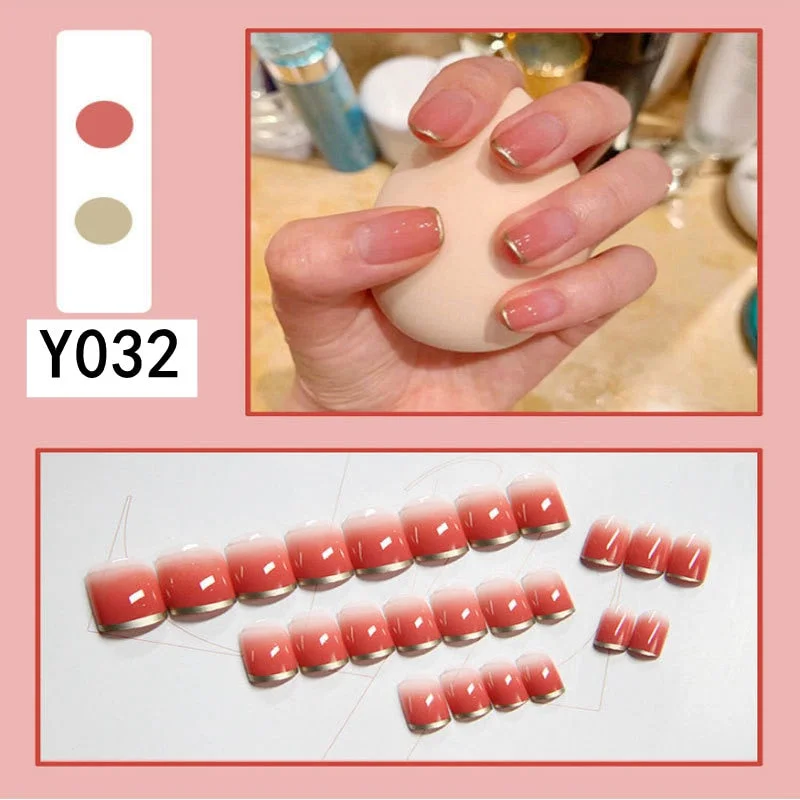 Fashion 24pc/set French Styel Press On False Nail Tips 10 Sizes Fake Nails Full Cover Nail Tips With Nail Adhesive Tab Sticker-Nail Inspo