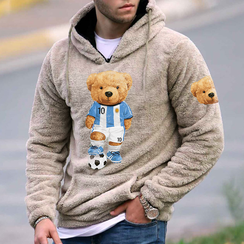 Football Bear Embroidered Men's Hooded Plush Sweatshirt、、URBENIE